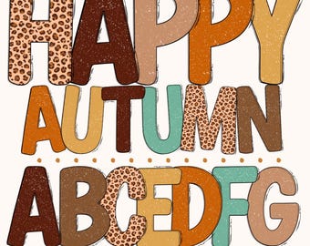 May include: A colorful graphic with the words "HAPPY AUTUMN" in large, textured letters. The letters are in shades of brown, orange, tan, and teal, with some featuring a leopard print pattern. Below, the alphabet is displayed. The phrase "Boho Autumn Doodle Alphabet" is at the bottom.