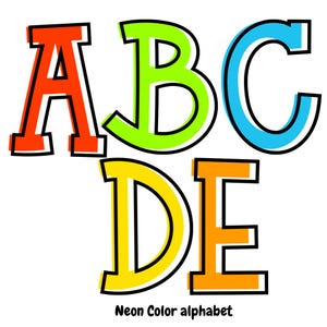 Conjunto de garabatos de alfabeto de neón: conjunto de PNG de alfabeto colorido brillante para jardín de infantes, escuela, maestro, aula: fuente escrita a mano