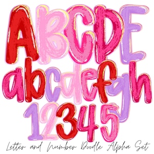 May include: A vibrant doodle alphabet and number set in shades of red, pink, and purple. The letters and numbers have a textured, brushstroke effect with gold highlights. The text "Letter and Number Doodle Alpha Set" is at the bottom.