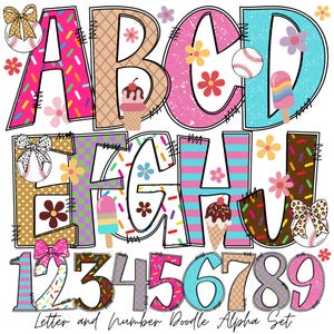Alfabeto PNG de mamá con goteo de béisbol / Letra y número de goteo de helado / Alfabeto de verano / Alfabeto de flores de primavera / Garabato dibujado a mano /