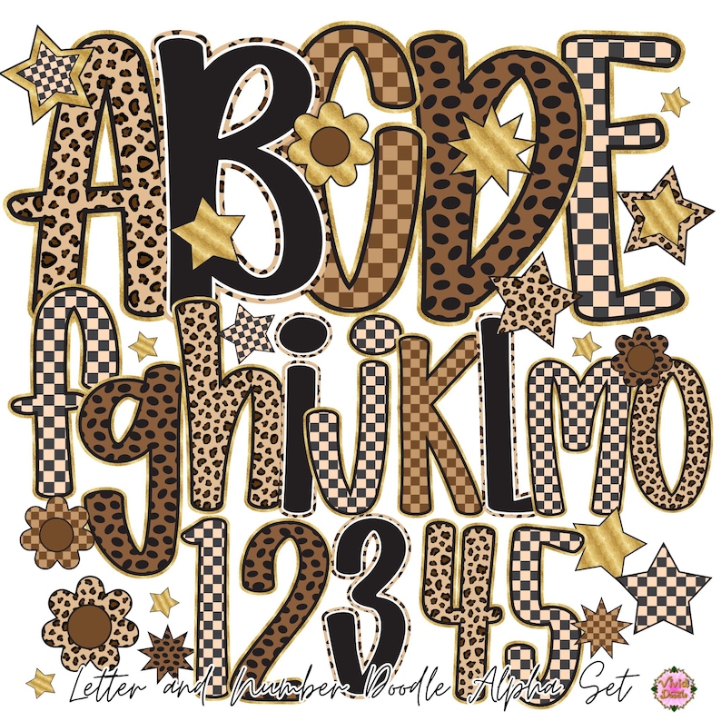 May include: A digital alphabet and number set featuring letters A through O and digits 1 through 5. The characters are decorated with leopard print, black, and tan checkered patterns, accented with gold outlines, stars, and brown flowers.