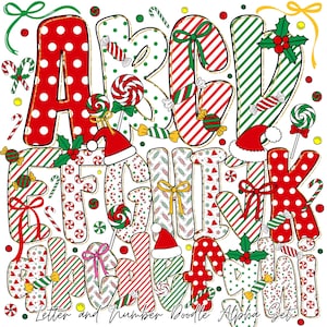 以下が含まれることがあります： クリスマスをテーマにしたアルファベットセット。文字と数字は、キャンディーケーン、水玉模様、ストライプ、サンタの帽子で飾られています。「Letter and Number Doodle Alpha Set」の文字が下にあります。