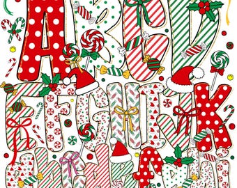 Pacchetto png di alfabeto natalizio Preppy Candy Cane / font alfabetico doodle con lettere e numeri / alfabeto doodle natalizio / festa di Natale per bambini
