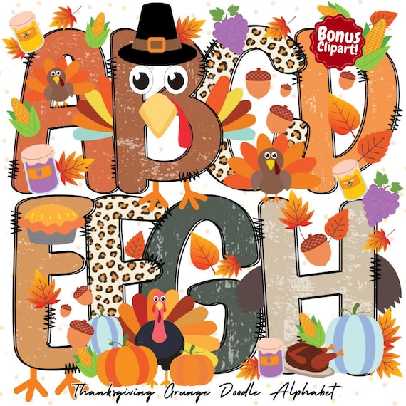 Thanksgiving Doodle Letters PNG| Thanksgiving Alphabet PNG | Thanksgiving Font | Commercial Use | Fall | Autumn