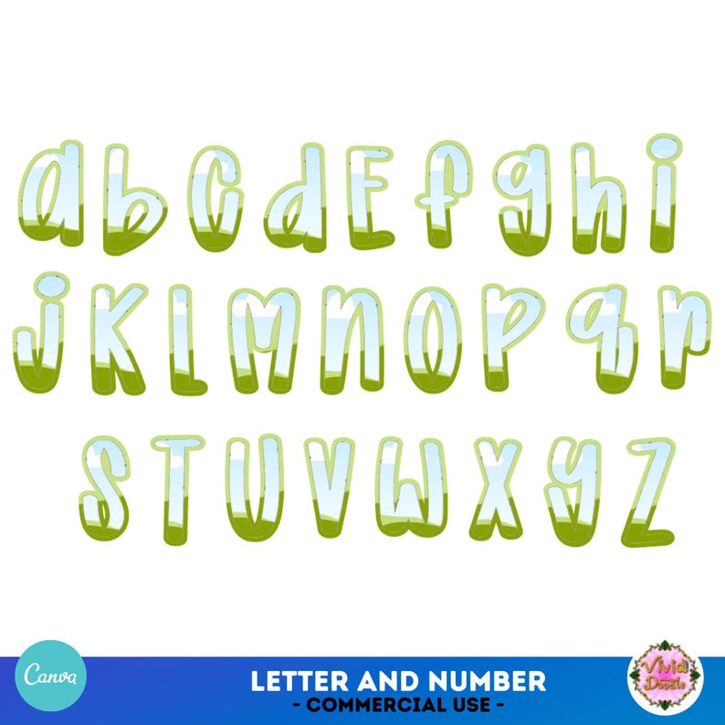 May include: A full alphabet of lowercase letters in a whimsical, outlined style. The letters are white with a light blue fill and a green base, giving a grassy appearance. The image includes the text "LETTER AND NUMBER - COMMERCIAL USE".