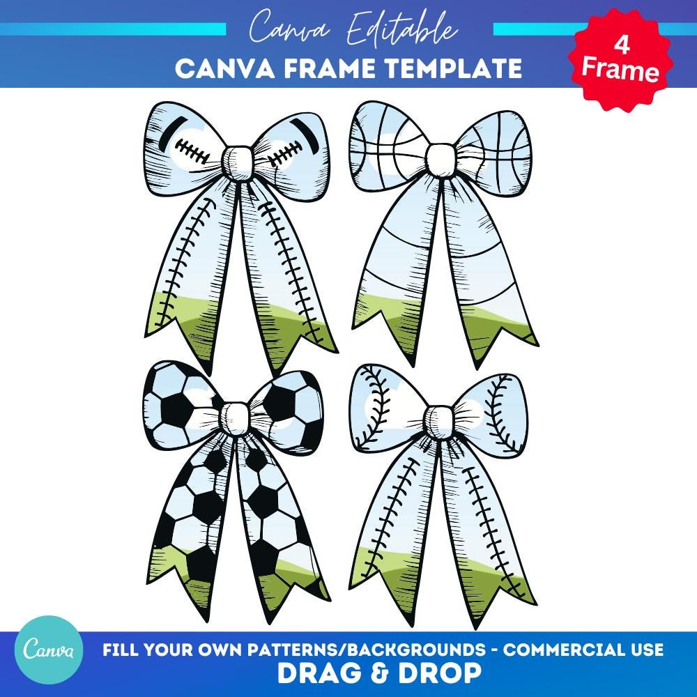 Baseball bow template | Softball bow png | canva template | drag and drop frame | Basketball | Soccer | American Football