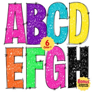 Neon Doodle Letters Png: Retro, Bold, Grunge, Distressed, Hand-Drawn Alphabet PNGs - Colorful, Kindergarten, School, Teacher Fonts