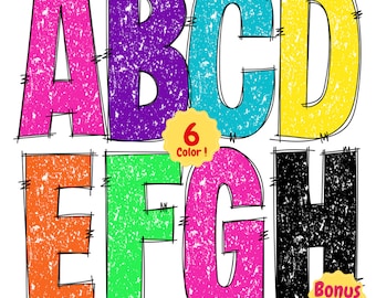 Neon Doodle Buchstaben Png: Retro, Bold, Grunge, Distressed, Handgezeichnetes Alphabet PNGs - Bunt, Kindergarten, Schule, Lehrer Schriften