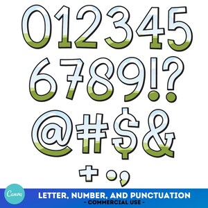 May include: A set of cartoon-style numbers, punctuation marks, and symbols with a green and blue landscape design. The numbers include 0 through 9, and the punctuation marks include an exclamation point, question mark, at symbol, pound sign, dollar sign, ampersand, plus sign, and comma.
