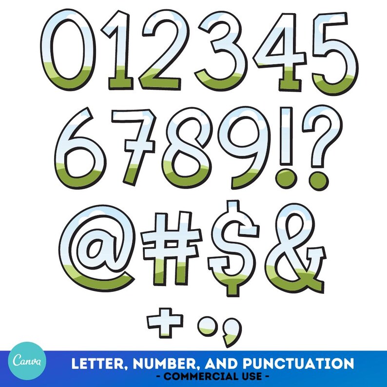 May include: A set of cartoon-style numbers, punctuation marks, and symbols with a green and blue landscape design. The numbers include 0 through 9, and the punctuation marks include an exclamation point, question mark, at symbol, pound sign, dollar sign, ampersand, plus sign, and comma.