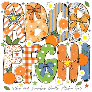 Alfabeto naranja de Preppy Mama PNG / Letra del día de la madre / Alfabeto de doodle de verano / Fuente de doodle de alfa de verano Letra y número / Lazo coqueto