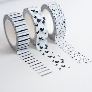 Washi Tape gepunktet Herz Streifen | Set mit 3 Washi-Tapes | Schwarz-Weiß Muster | Kreatives Klebeband | DIY Dekoration | Washi-Tape Herz