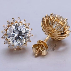 Diamond Halo Stud Earrings, Brilliant Round Diamond Earring in 14K Yellow Gold, Everyday Earring for Women, Moissanite Diamond Earring, Gift