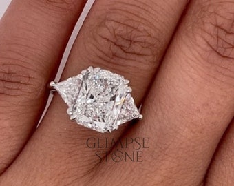 Radiant Cut Moissanite Engagement Ring, 3 Stone Moissanite Engagement Ring, Side Stone Engagement Ring, 14K Solid White Gold Ring