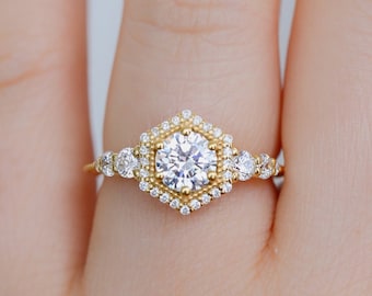 Round Moissanite Engagement Ring: 18K Yellow Gold Hexagon Ring