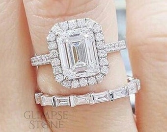 3.45ctw Emerald Cut Moissanite Engagement Ring Set Wedding Ring Set 14K White Gold Bridal Ring Set Full Eternity Band Baguette Wedding Ring