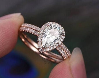 1.53ctw Pear Engagement Ring Set, 14K Rose Gold Wedding Ring Set, Pear Shape Diamond Bridal Ring Set, Anniversary Ring, Promise Ring