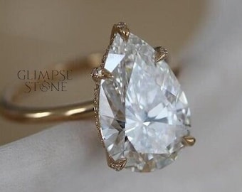 3.0 CT Pear Cut Moissanite Engagement Ring: 18K White Gold Hidden Halo
