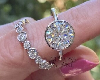 Bezel Set Moissanite Engagement Ring: 14K White Gold Bridal Set