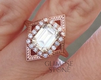 Emerald Cut Moissanite Halo Ring: 18K Rose Gold Anniversary Ring