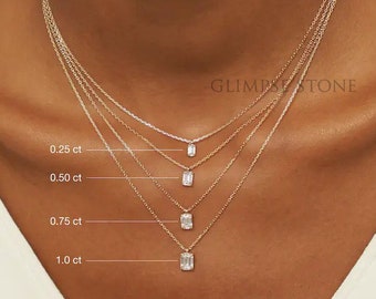 Emerald Cut Diamond Necklace,Moissanite Solitaire Cz Necklace,Layered Necklace,Dainty Necklace,Diamond Pendant,Gold necklace Bridesmaid Gift