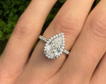 3CT Pear Moissanite Halo Engagement Ring - 18K White Gold Bridal Ring
