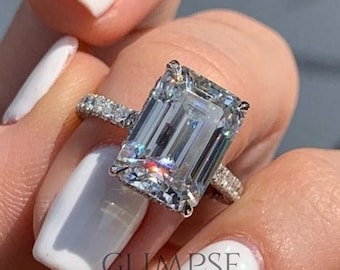 3.79 CT Emerald Cut Moissanite Ring: Hidden Halo White Gold Engagement Ring