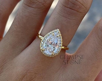 3ct Pear Moissanite Halo Engagement Ring: Yellow Gold Wedding Anniversary Ring