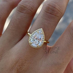 3ct Pear Moissanite Engagement Ring, Yellow Gold Ring, Pear Solitaire Ring, Pear Halo Ring, Diamond Wedding Ring, Anniversary Ring