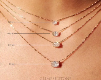14k Gold Oval Moissanite Solitaire Necklace: Floating Diamond Pendant