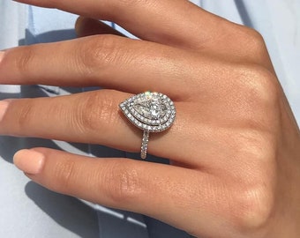 Pear Cut Moissanite Engagement Ring: 14K White Gold Double Halo