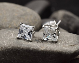 Princess Cut Moissanite Stud Earrings: Solid Gold Wedding Jewelry