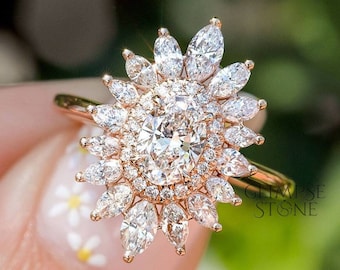 Oval Moissanite Engagement Ring: Double Halo, 18K Yellow Gold