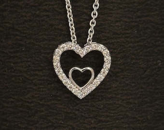 Moissanite Double Heart Pendant Necklace: 14K White Gold Anniversary Jewelry
