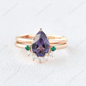 Pear Cut Alexandrite Engagement Ring, Solitaire Engagement Ring, 14K Rose Gold Ring, Moissanite Diamond Ring, Anniversary Ring, Women&#39;s Ring