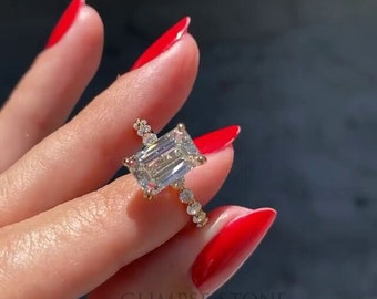 Emerald-Cut Moissanite Engagement Ring: 14K Yellow Gold Bubble Band