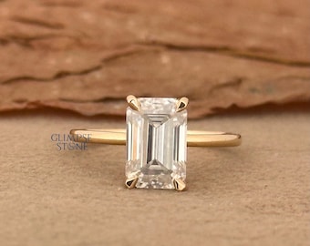 3.0CT Emerald Cut Moissanite Ring Hidden Halo, Minimal Engagement Ring, Anniversary Gift for Her, 14k Gold Bridal Ring