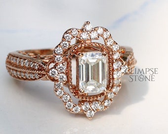 Emerald Cut Moissanite Engagement Ring Emerald Cut Diamond Wedding Ring, Art Nouveau Ring, Milgrain  Set Ring, Cathedral Ring, Vintage Ring