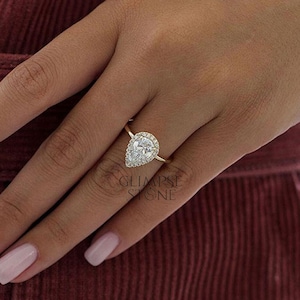 3 ct Pear Moissanite Engagement Ring, Yellow Gold Ring, Pear Solitaire Ring, Pear Halo Ring, Diamond Wedding Ring, Anniversary Ring
