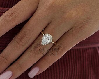 3ct Pear Moissanite Halo Engagement Ring, Yellow Gold Wedding Ring