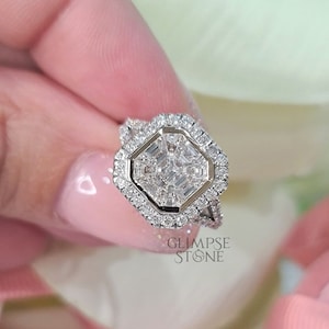 Asscher Cut Moissanite Engagement Ring, 14K Yellow Gold Ring, Hidden Halo Engagement Ring, Halo Split Shank Ring, Asscher Diamond Ring