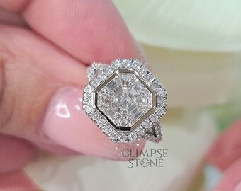 Asscher Cut Moissanite Engagement Ring: 14K Yellow Gold Hidden Halo