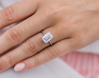 3.79ct Emerald Cut Moissanite Solitaire Ring - Solid Gold Wedding Ring