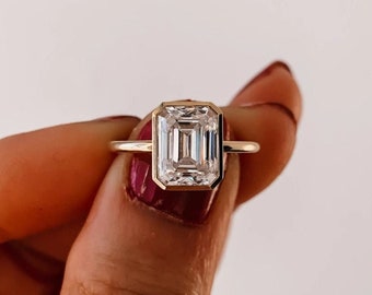 Emerald Cut Engagement Ring, Bezel Set Ring, 5.21ct Emerald Cut Diamond Ring, Solitaire Ring, Wedding Anniversary Gift, Promise Ring