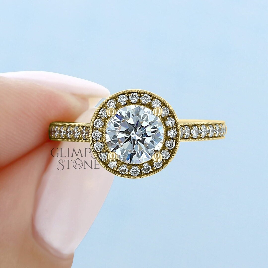 Vintage Art Deco 18K Yellow Gold Moissanite Halo Engagement Ring - Etsy