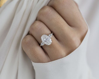 Oval Moissanite 3 Stone Engagement Ring: 18K White Gold Bridal Ring