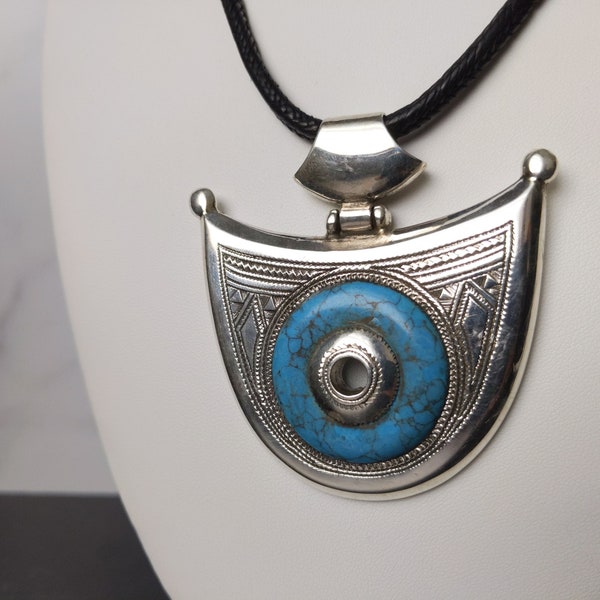 Turquoise and silver pendant on braided leather chain, hand-etched 925 sterling silver, tribal African Tuareg design