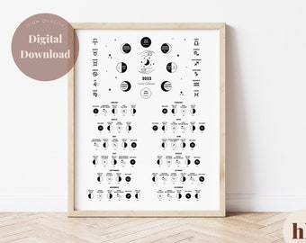 2022 Moon Phase Lunar Calendar Print, Printable Wall Art, Bedroom Print, Neutral Decor, Full Moon Gift, Astrology, Zodiac, Wall Calendar