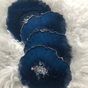 Midnight blue  & silver Leaf Agate Geode Style Beautiful Resin Coasters glitter bespoke. Dark Navy