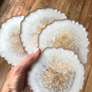 White & Gold Leaf Agate Geode Style Beautiful Resin Coasters glitter bespoke